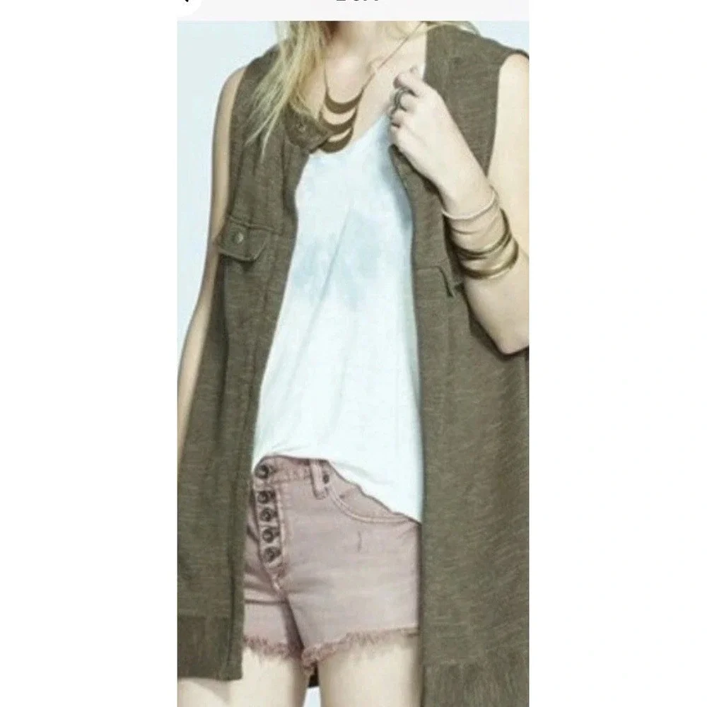FREE PEOPLE Slub Knit Highway Vest‎ Olive Green Cardigan Sz Small